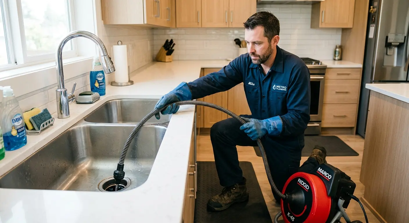 Drain cleaning technician using a motorized snake on a kitchen sink in Kapaa