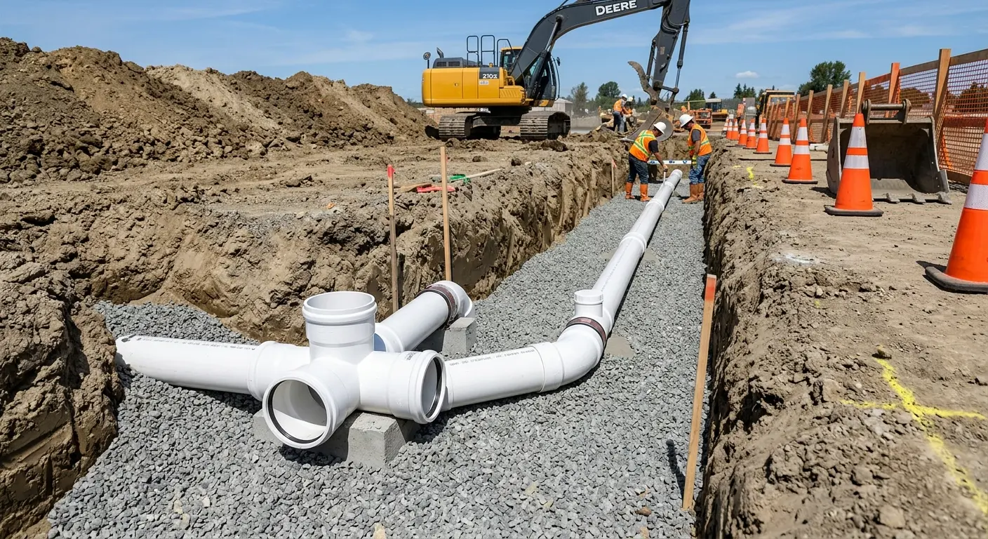 New PVC sewer pipe installation in open trench for Sewer Camera Inspection in Kapaa
