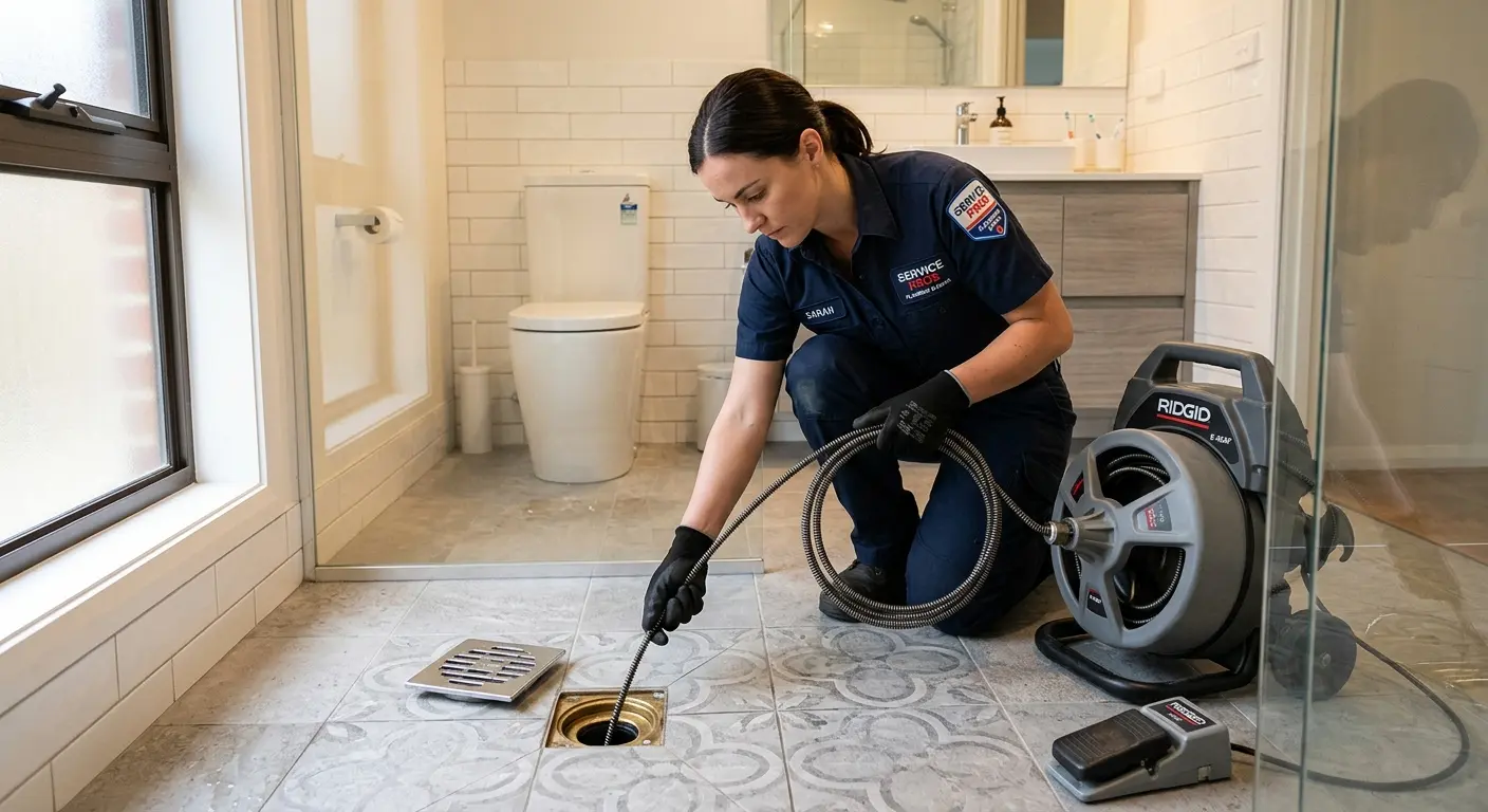 Technician clearing a bathroom floor drain for Drain Cleaning in Kapaa